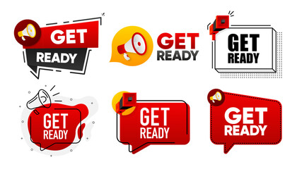 Get Ready. Megaphone label collection with text. Marketing and promotion. Vector Illustration.