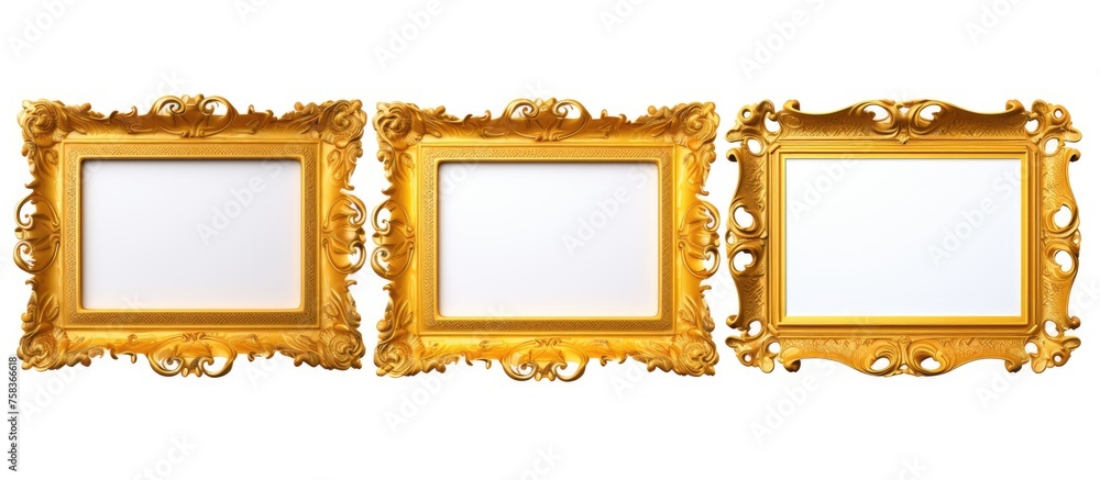 Aufkleber three rectangular gold picture frames are symmetrically lined up on a white background, creating a s
