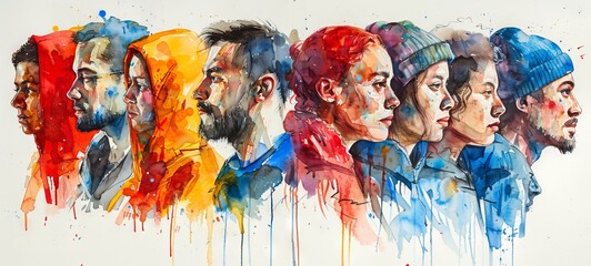 Diverse human faces in profile in a row. Watercolor illustration. Concept of ethnic diversity, community, multicultural society, unity, togetherness, support, solidarity. White backdrop, Banner