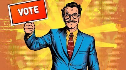 Man in a suit presenting a VOTE sign, pop art style with halftone backdrop. Male voter. Comic book illustration for political engagement and voter turnout campaigns. Elections and voting concept