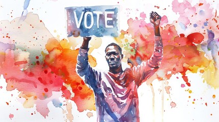 African American Man holding a VOTE sign, watercolor illustration. Black male voter. Civic engagement and diversity in democracy concept for election related visuals and voter outreach campaigns. - obrazy, fototapety, plakaty