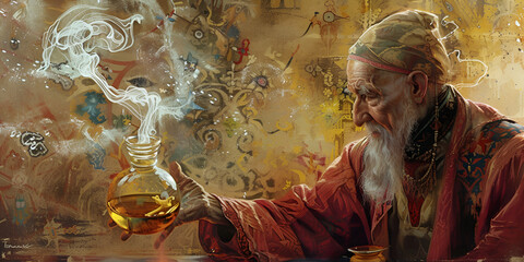 Alchemist,Man creating magic,A man holds a glass ball with the word magic on it, The Alchemist's Enchantment: Unveiling Secrets of Magic
