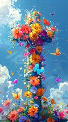 Fototapeta na wymiar Vibrant floral cross composed of vivid blossoms and butterflies on a bright blue background. Concept of Easter, greetings, postcard, resurrection joy, springtime beauty. Artwork. Vertical