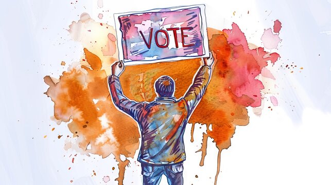 Back view of man holding up a VOTE sign, set against a vibrant watercolor splash background. Male voter. Empowering election and voting participation theme for campaign promotions. Art