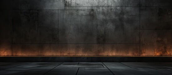 A dimly lit room with a concrete wall, wooden flooring, and automotive lighting that casts tints and shades reminiscent of the sky and natural landscape