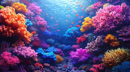 Naklejka na ściany i meble Vibrant coral reef in ocean waters. Colorful corals. Concept of marine life, underwater biodiversity, tropical ecosystem, and natural aquarium. DMT art style illustration