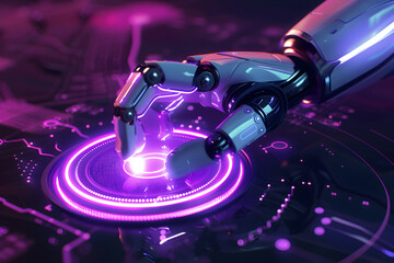 Futuristic robot arm pressing button on touch screen hologram. Artificial Intelligence, human machine interaction, digital technology. Machine learning, technology concept. Design for banner, poster
