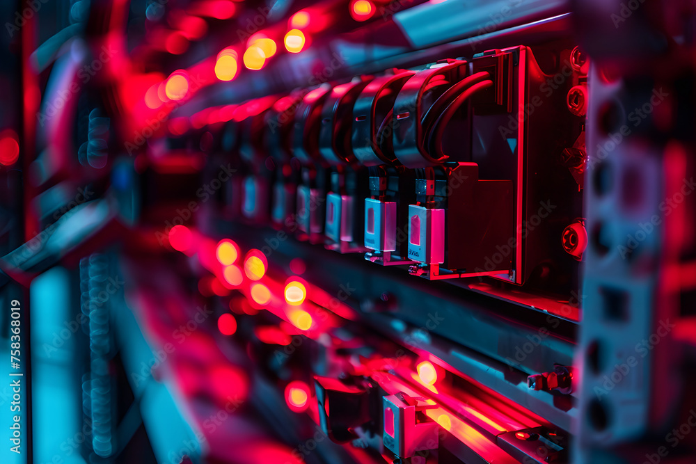 Poster server racks, electric cables and wires in data center room. cryptocurrency mining. cryptocurrency f