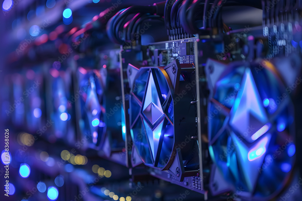 Aufkleber cryptocurrency mining rigs in data center room. graphics cards gpu in mining farm or 3d render. serv