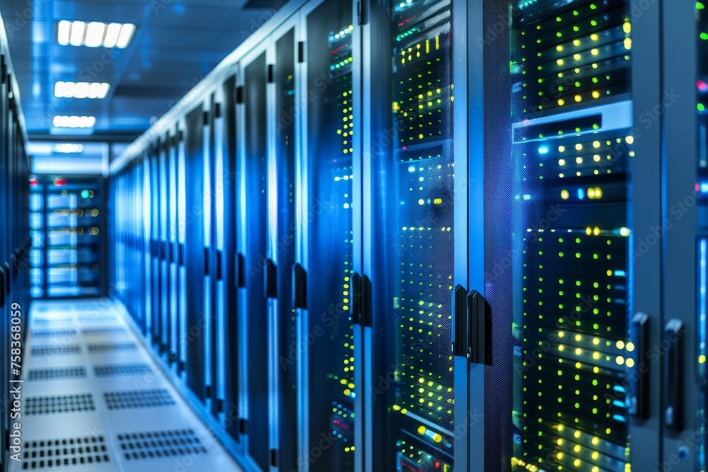 Poster server racks in data center room. neon server room for cryptocurrency mining. cryptocurrency farm an