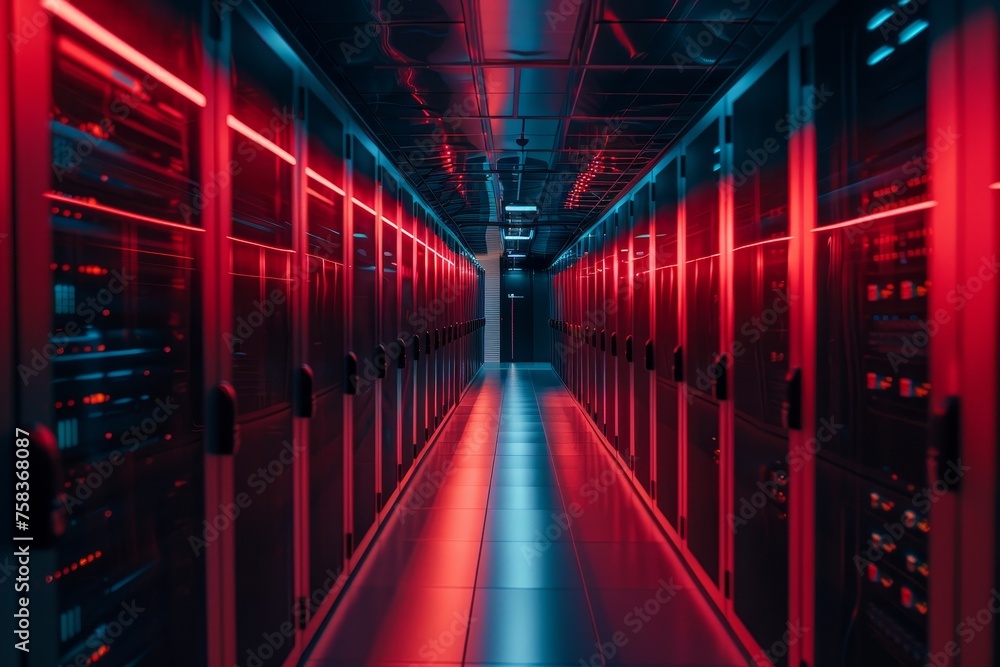 Poster server racks in data center room. neon server room for cryptocurrency mining. cryptocurrency farm an