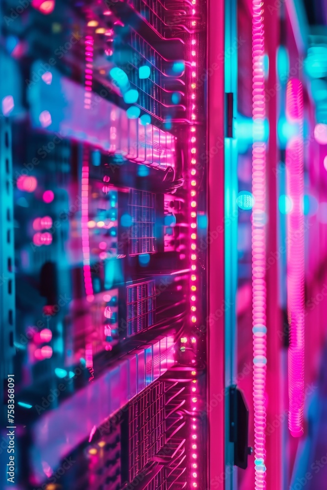 Poster server racks in data center room. neon server room for cryptocurrency mining. cryptocurrency farm an