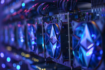 Cryptocurrency mining rigs in data center room. Graphics cards GPU in mining farm or 3d render. Server room for cryptocurrency mining Ethereum. Cryptocurrency farm and blockchain technology concept