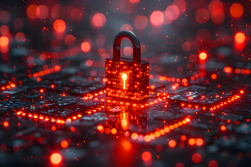 Glowing digital padlock securing computing systems on tech background. Lock symbol, binary code and data streams. Cyber security and protection. Prevention and privacy data network protection concept