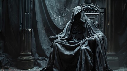 An enigmatic figure draped in a dark cloak sits solemnly, surrounded by shadows