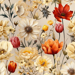 Seamless pattern with flowers in vintage style.