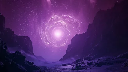 Foto op Plexiglas purple virtual light converging towards the centre, symmetrical composition, dark blue © sania