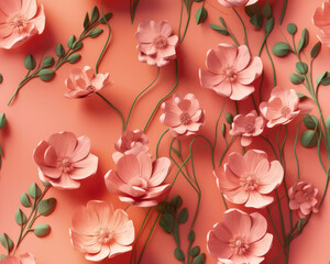 Seamless peach fuzz color paper floral pattern, papercraft background. Generative ai