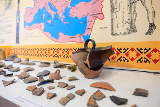 October 3, 2023 Pelinia Moldova. Illustrative editorial. Shards of pottery in the historical village museum