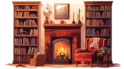 A cozy reading nook with a fireplace a plush armchair