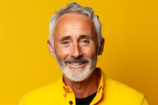 Portrait of a senior man with grey hair and beard on yellow background