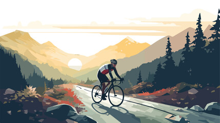 A cyclist riding through a scenic mountain pass wit - obrazy, fototapety, plakaty