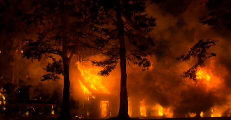 night fire in the forest, a residential wooden house is burning in flames - obrazy, fototapety, plakaty