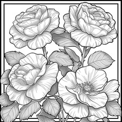 Bouquet of flowers on white background.Doodle coloring page for kids. Black white illustration
