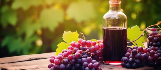 A bunch of grapes and a bottle of wine are placed on a wooden table. The grapes, a seedless fruit, are a natural food ingredient for the liquid drink, wine