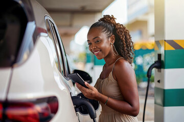 Young woman with smartphone waiting while her electric car charging in home charging station, sustainable and economic transportation concept. - 758371495