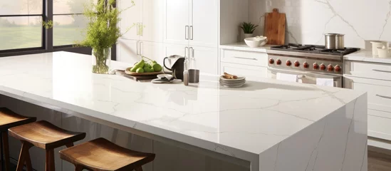 Foto op Canvas White Statuario marble features a majestic white hue with a blend of multicolor glitter effect - ideal for kitchen and wall tiles, as well as glossy Calacatta quartz. © Vusal