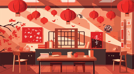 A decorated classroom for Lunar New Year with red 