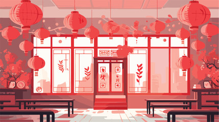 A decorated classroom for Lunar New Year with red 