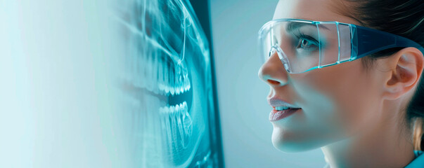 In a professional setting, a woman dons protective goggles, her attention riveted to a computer screen, embodying the fusion of technology and safety in modern work. Banner. Copy space.
