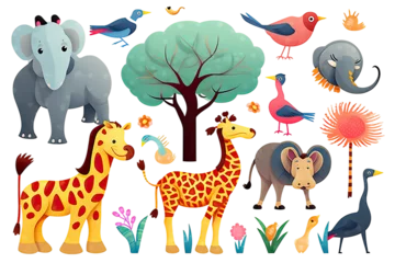 Wandaufkleber safari jungle collection ostrich vector african toucan isolated lion giraffe colorful elephant kids clipart zebra animals collection wildlife cartoon © akk png