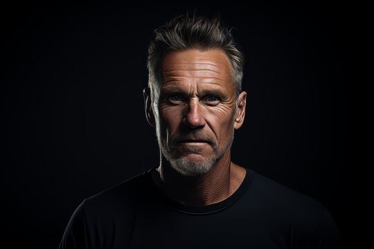 Portrait of a handsome mature man in black t-shirt.
