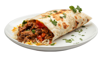 Carnitas Burrito on a plate isolated on transparent png background. Generative ai 