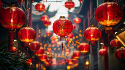 Streets in China decorated with red lanterns and Dragons for the Chinese New Year. Year of the Dragon.