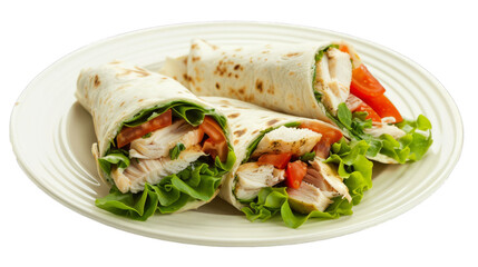 Chicken Caesar Wrap on a plate isolated on transparent png background. Generative ai 