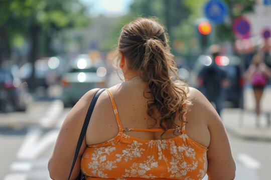 Overweight young woman walking on the  street
