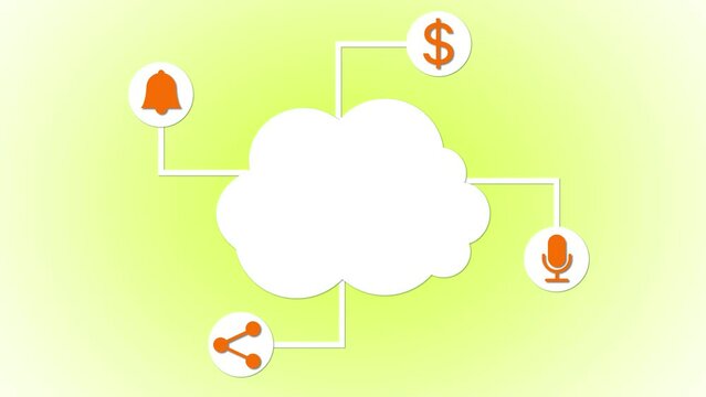 Abstract cloud computing concept with icons on a green gradient background.