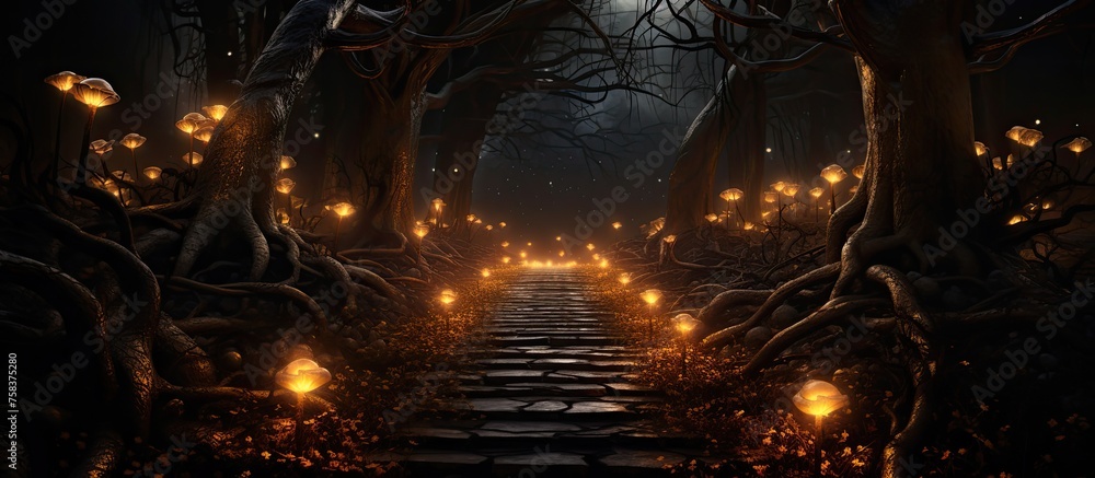 Poster a mysterious event in a dark forest with trees and candles at night creating a symmetrical landscape