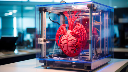 3D printer is captured mid-operation it intricately layers biomaterials, crafting precise replica human heart, epitomizing convergence of medical technology and innovative design. Banner. Copy space. - obrazy, fototapety, plakaty