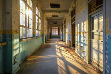 Scene of an old dilapidated corridor illuminated by the sun's rays.