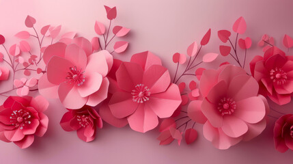A seamless background with stylized pink paper flowers in full bloom.