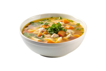 Chicken soup in a bowl. Isolated on a transparent background. - obrazy, fototapety, plakaty
