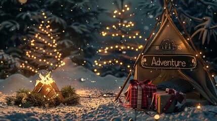Winter adventure camping theme under snowy night sky with fading black silhouette of towering pine trees, hanging holiday garland and lights made of natural burlap, - obrazy, fototapety, plakaty