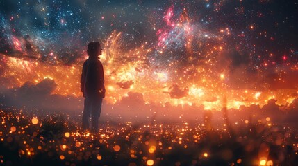 Person enjoying fireworks in the night sky at an event - obrazy, fototapety, plakaty