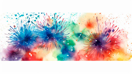 Fireworks burst in an array of watercolor splendor, each vibrant color captured against a crisp white backdrop, depicting the joy of celebration. Banner. Copy space. - obrazy, fototapety, plakaty