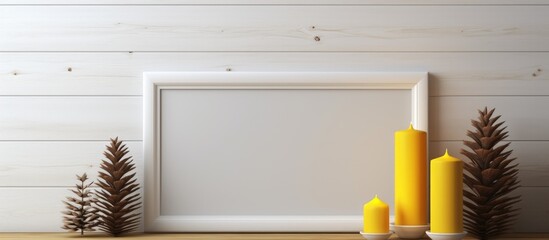 White photo frame and yellow field with white candle on clay candlestick on black and white painted pine board shelf. - obrazy, fototapety, plakaty
